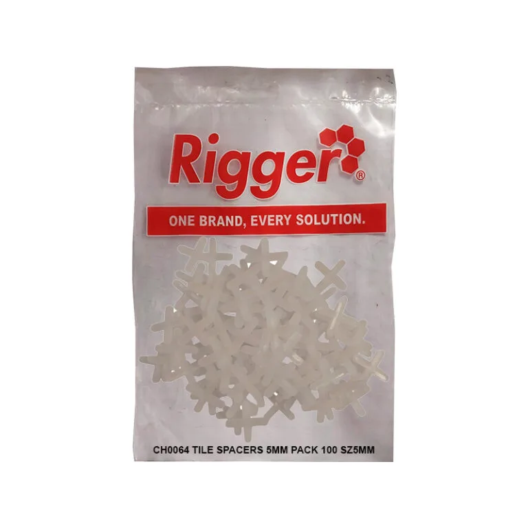 Bag of white cross-shaped tile spacers labeled Rigger, 5mm pack of 100