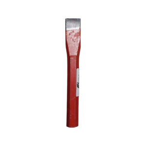 Red-handled flat putty knife with wide metal blade, shown upright against a white background.