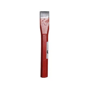 Red-handled flat putty knife with wide metal blade, shown upright against a white background.