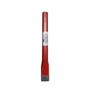 Red-handled chisel with a flat, rectangular steel blade standing upright and a small label on the shaft