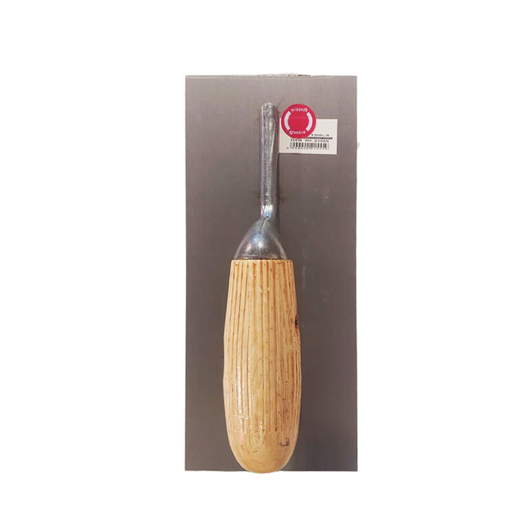 Wood carving gouge with a wooden handle displayed on a gray backing board