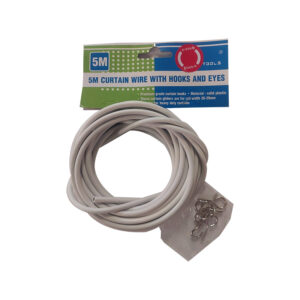 Coiled 5m curtain wire with hooks and eyes, packaged with metal hanger hardware in a plastic bag
