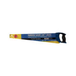 Blue and Yellow Hand Saw in Packaging Labeled hand Saw 24600 with a Black Handle on the Right Side