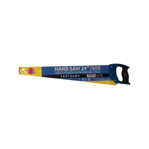 Blue and yellow hand saw in packaging, labeled 'HAND SAW 24''/600' with a black handle on the right side