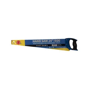 Blue and yellow hand saw in packaging, labeled 'HAND SAW 24''/600' with a black handle on the right side