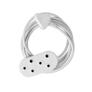 White multi-outlet extension lead with a long coiled cord and several socket openings accessible on the outlet block
