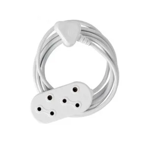 White multi-outlet extension lead with a long coiled cord and several socket openings accessible on the outlet block