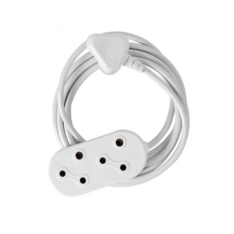 White multi-outlet extension lead with a long coiled cord and several socket openings accessible on the outlet block