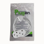 White Three outlet Power Strip with a Coiled Cord in Front of Packaging