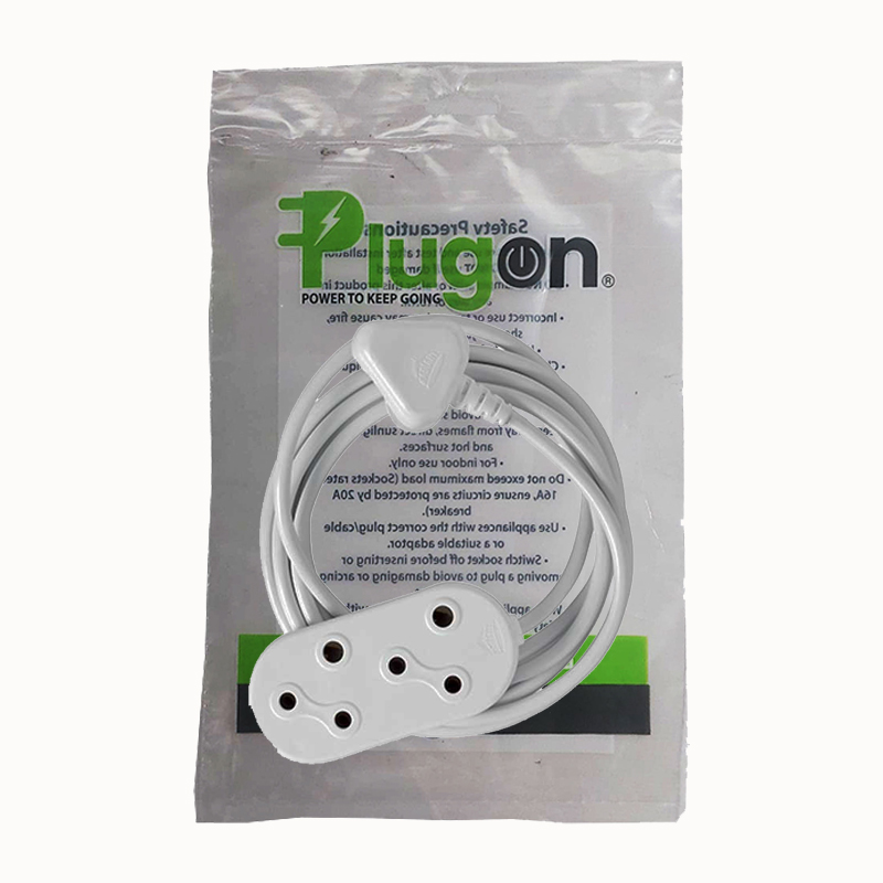E10922 | Securadeal White Three outlet Power Strip with a Coiled Cord in Front of Packaging
