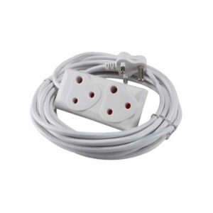 White power strip with two outlets wrapped in a long cord and a two-prong plug