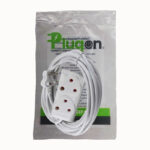 E10923 | Securadeal White 3 outlet Power Strip with Long Coiled Cable on Clear Packaging Showing Brand Text