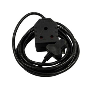 Coiled black extension cord with a 3-outlet adaptor and plug at the end (power strip style)