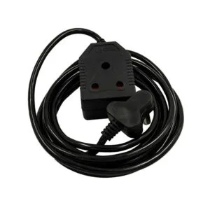 Coiled black extension cord with a 3-outlet adaptor and plug at the end (power strip style)