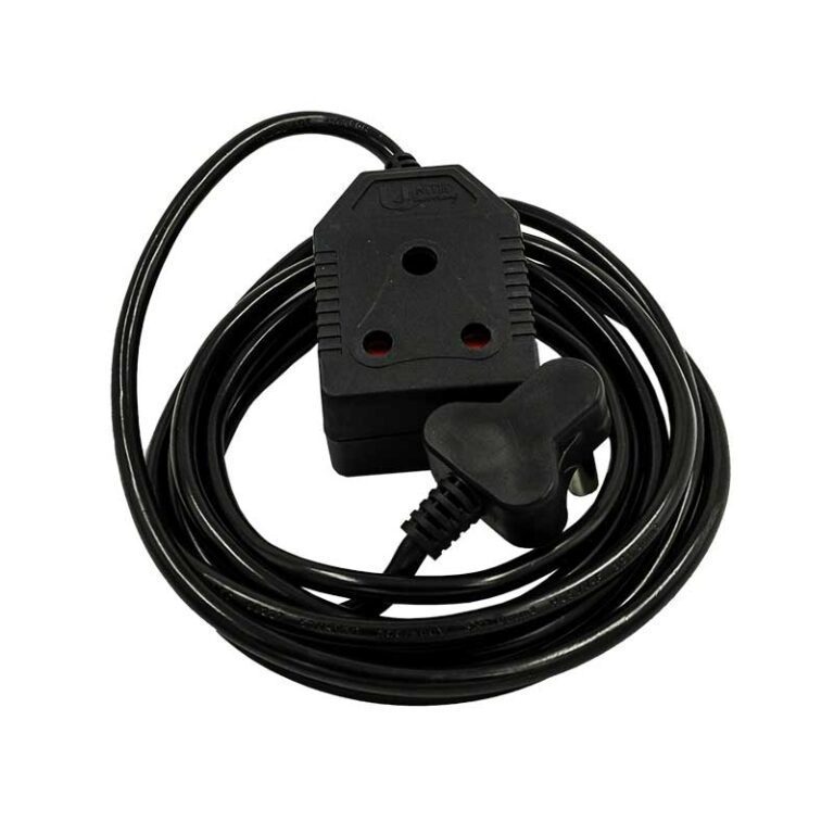 Coiled black extension cord with a 3-outlet adaptor and plug at the end (power strip style)
