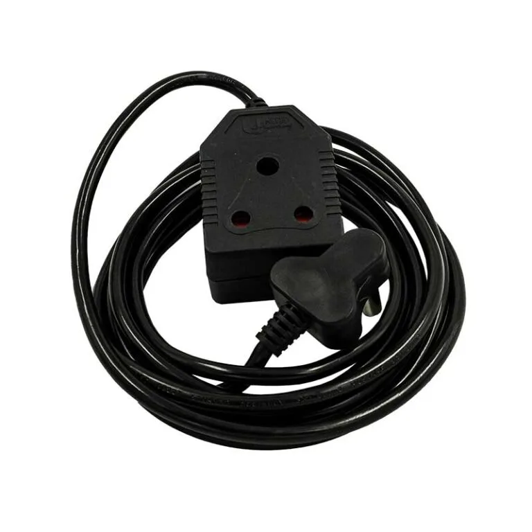 Coiled black extension cord with a 3-outlet adaptor and plug at the end (power strip style)