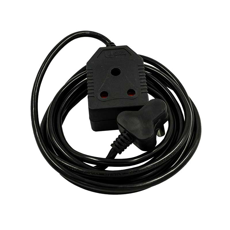 Coiled Black Extension Cord with a 3 Outlet Adaptor and Plug at the End Power Strip Style