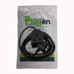 E11194 | Securadeal Coiled Black Electrical Cord with a Wall Plug Resting on a Sealed Plastic Package Labeled Plugon