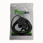 E11194 | Securadeal Coiled Black Electrical Cord with a Wall Plug Resting on a Sealed Plastic Package Labeled Plugon