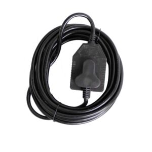 Coiled black electric extension cord with an inline on/off switch for powering devices
