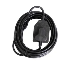 Coiled black electric extension cord with an inline on/off switch for powering devices
