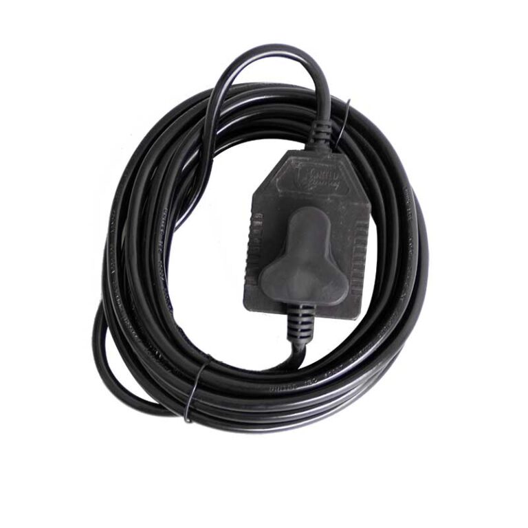 Coiled black electric extension cord with an inline on/off switch for powering devices