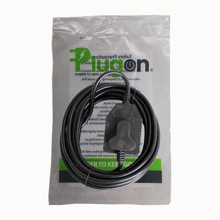 Coiled black power cable with a plug-in adapter resting on packaging labeled 'Power to keep going'.