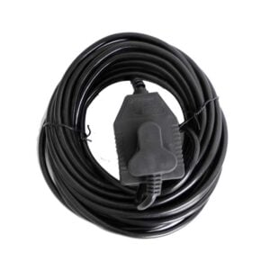 Coiled black power extension cord with inline control switch and plug