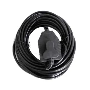 Coiled black power extension cord with inline control switch and plug