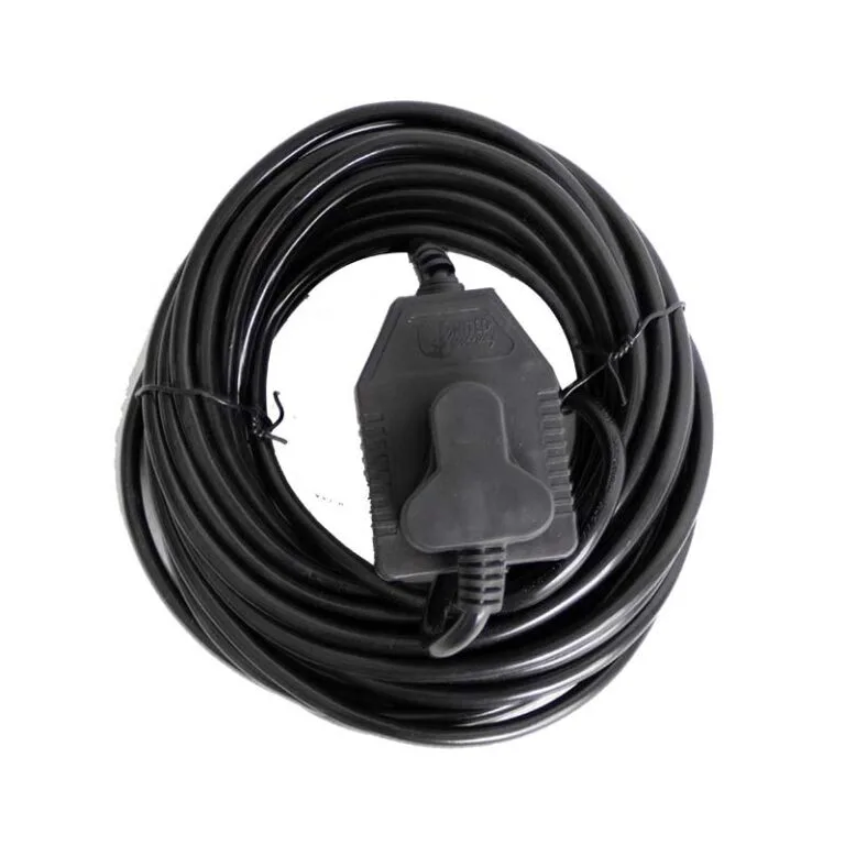 Coiled black power extension cord with inline control switch and plug