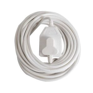 White extension cord coiled with an inline on/off switch in the center for controlling power