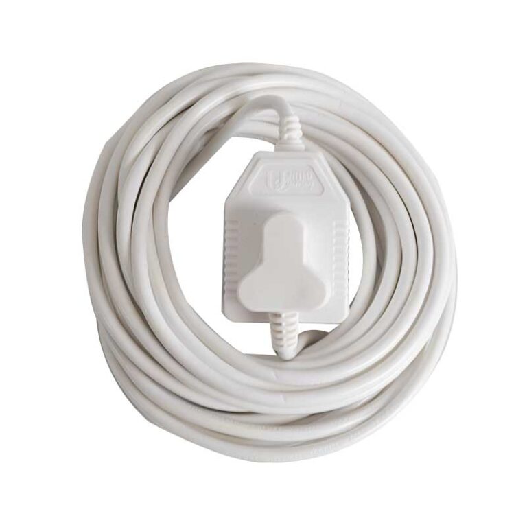 White extension cord coiled with an inline on/off switch in the center for controlling power