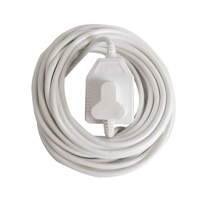 White extension cord coiled with an inline on/off switch in the center for controlling power