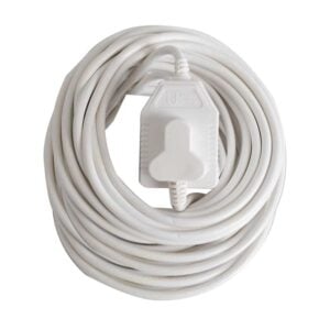White extension cord coiled in a loop with an inline switch at the center.