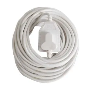 White extension cord coiled in a loop with an inline switch at the center.