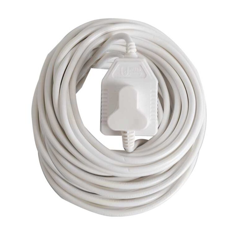 White extension cord coiled in a loop with an inline switch at the center.