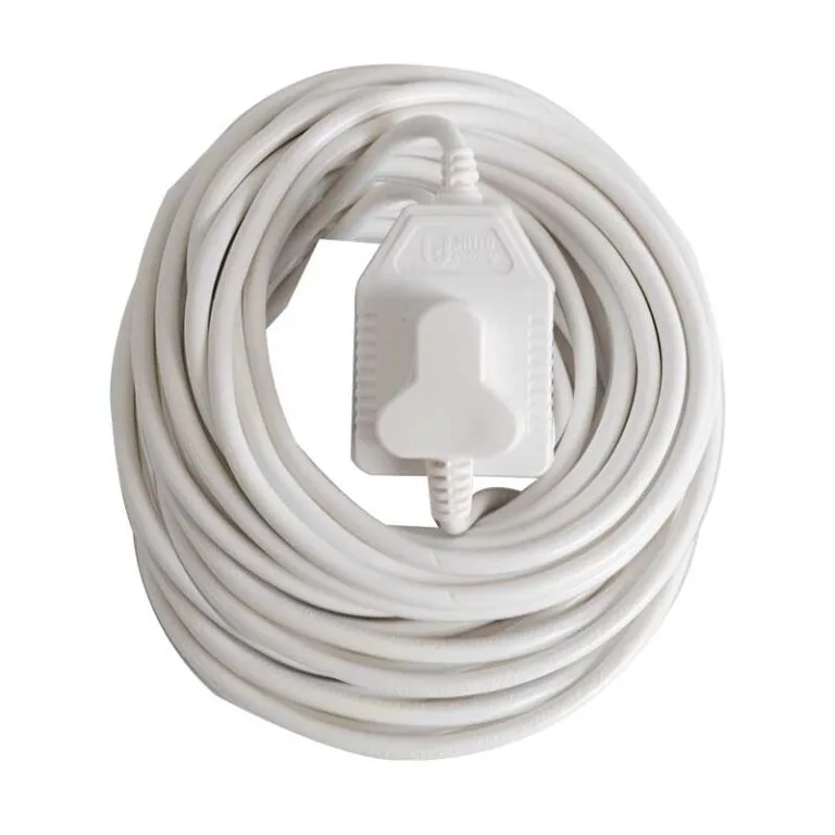 White extension cord coiled in a loop with an inline switch at the center.