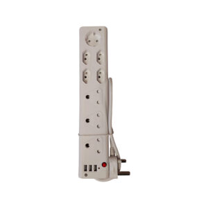 Vertical power strip with multiple outlets, USB ports, and a plug on the side for wall attachment; off-white color and red indicator light visible.