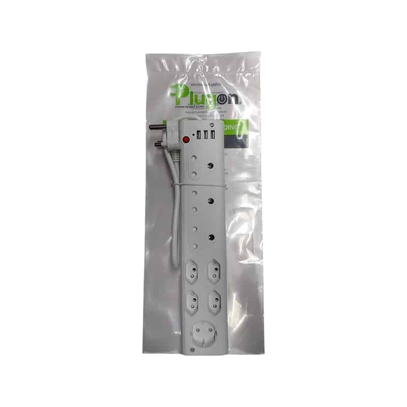 E11322 | Securadeal White Power Strip with Multiple Outlets Sealed in Clear Plastic Packaging on a White Background