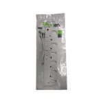 White Multi outlet Power Strip with Several Sockets Packaged in Clear Plastic Packaging As a Product Photo