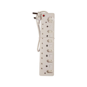 White power strip with multiple sockets and a red power indicator light.