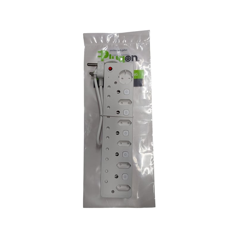 E11323 | Securadeal White Multi outlet Power Strip with Several Sockets Packaged in Clear Plastic Packaging As a Product Photo