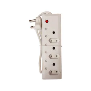 White power strip with three outlets and a red power-indicator light; plug attached on the side.