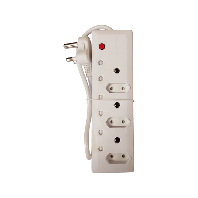 White Power Strip with Three Outlets and a Red Power Indicator Light Plug Attached on the Side