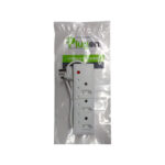 White Multi outlet Power Strip in Plastic Packaging with Brand Name plugon Visible and a Red Indicator Light Cord Coiled Nearby