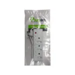 E11324 | Securadeal White Multi outlet Power Strip in Plastic Packaging with Brand Name plugon Visible and a Red Indicator Light Cord Coiled Nearby