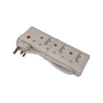 White Power Strip with Three Outlets and a Red Power Indicator Light Cord Looped Underneath