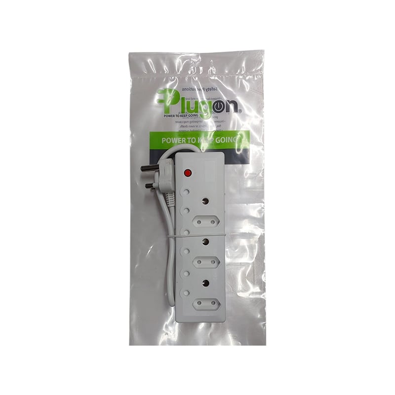 E11324 | Securadeal White Multi outlet Power Strip in Plastic Packaging with Brand Name plugon Visible and a Red Indicator Light Cord Coiled Nearby