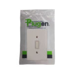 E11325 | Securadeal White Single pole Light Switch on a Rectangular Wall Plate Packaged in Clear Plastic with Green and Black Branding Reading plugon