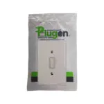 White Single pole Light Switch on a Rectangular Wall Plate Packaged in Clear Plastic with Green and Black Branding Reading plugon